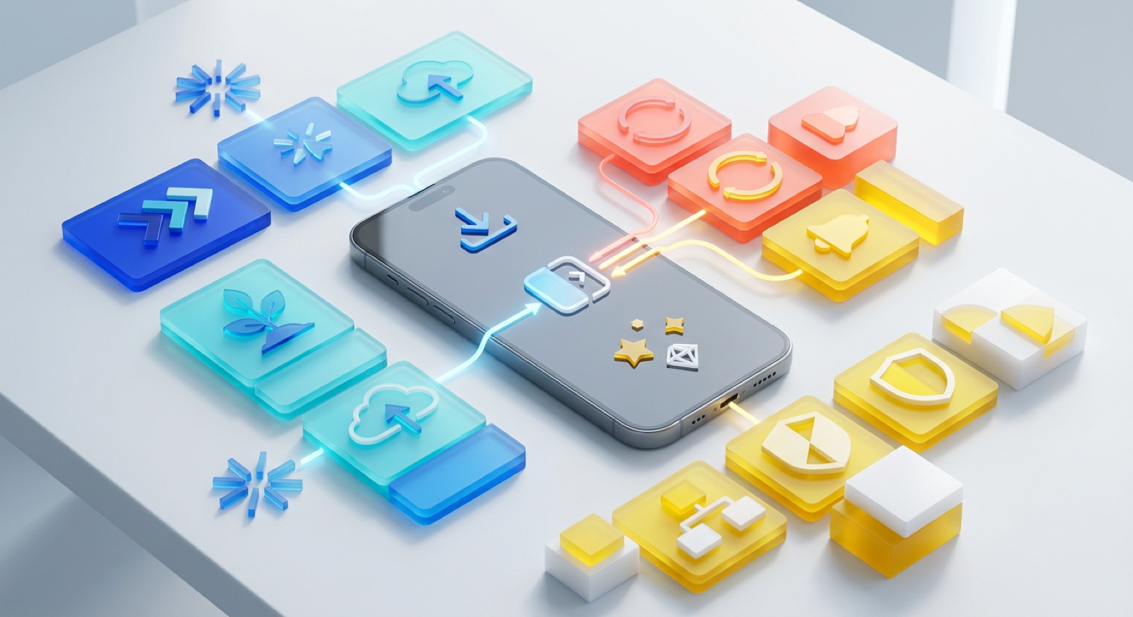 Smartphone with three colour-coded campaign paths from click to install to in-app event